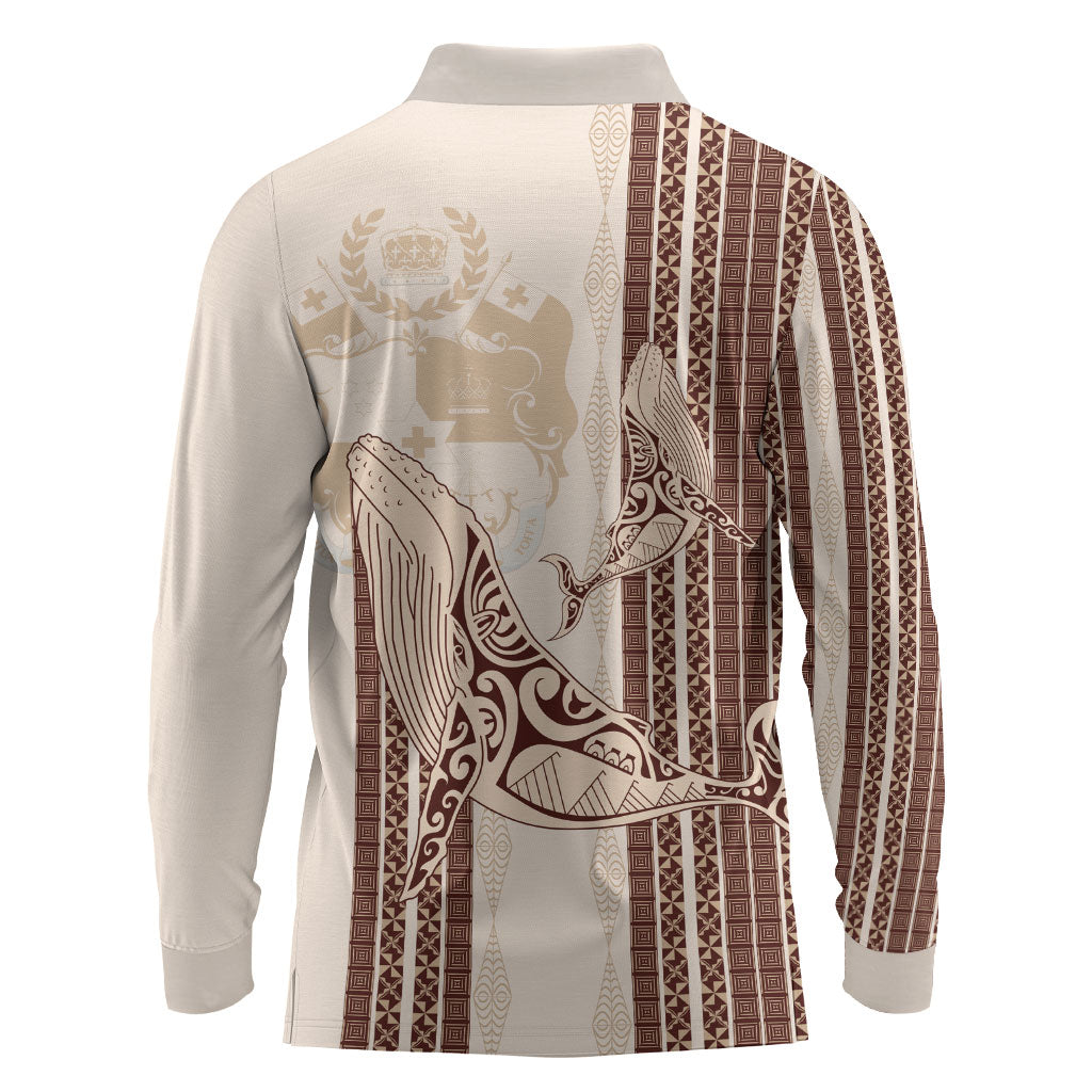 Swimming With Humpback Whales Season Tonga Long Sleeve Polo Shirt Tongan Tofuaa Ngatu Pattern Brown