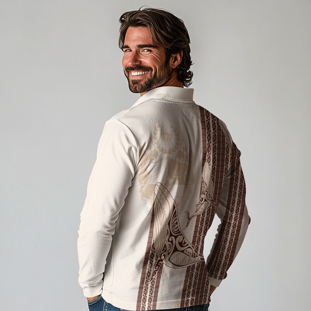Swimming With Humpback Whales Season Tonga Long Sleeve Polo Shirt Tongan Tofuaa Ngatu Pattern Brown