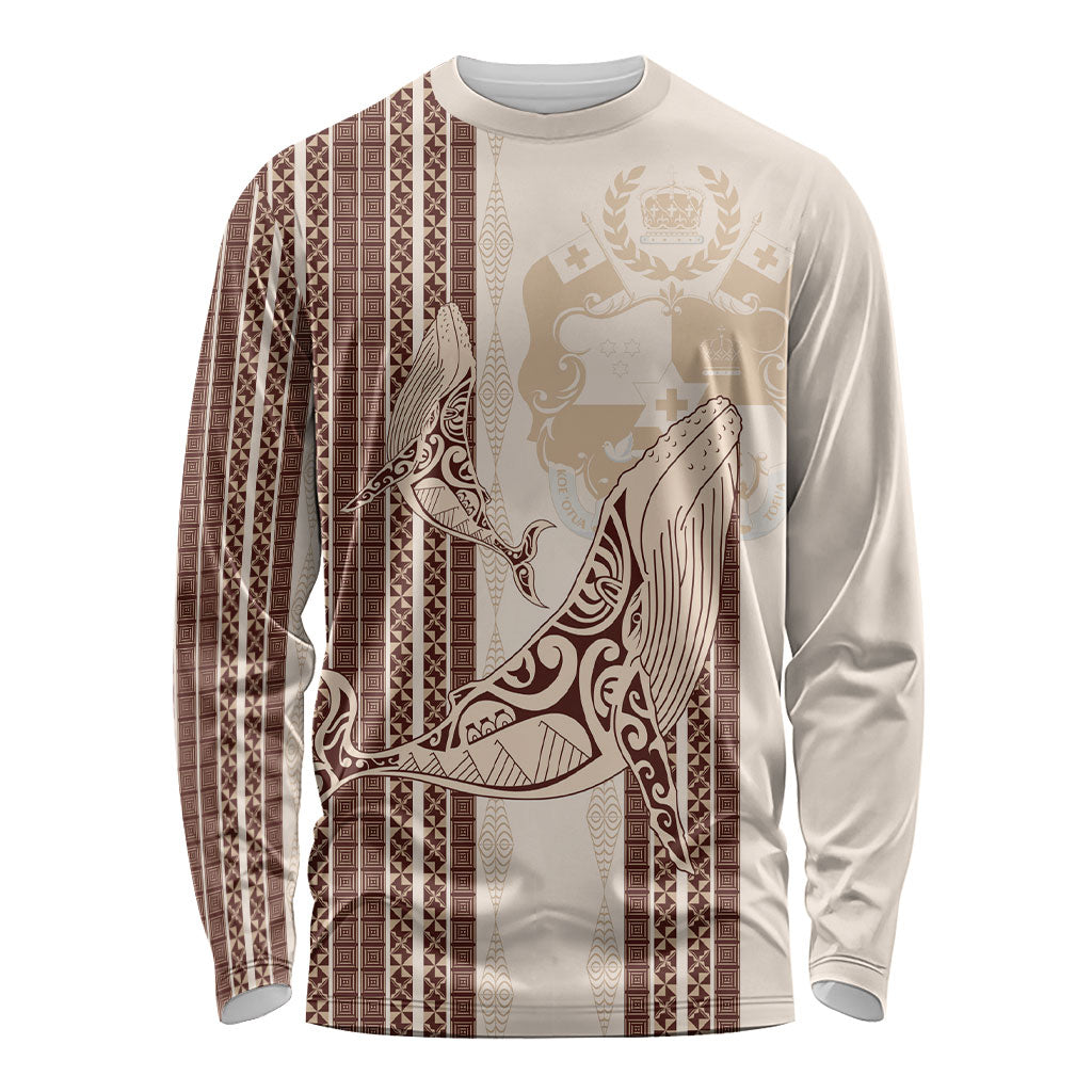 Swimming With Humpback Whales Season Tonga Long Sleeve Shirt Tongan Tofuaa Ngatu Pattern Brown