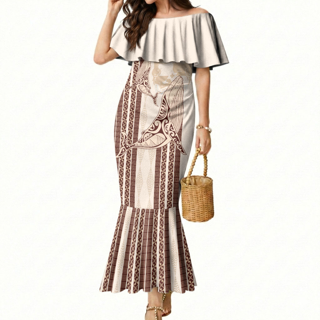 Swimming With Humpback Whales Season Tonga Mermaid Dress Tongan Tofuaa Ngatu Pattern Brown