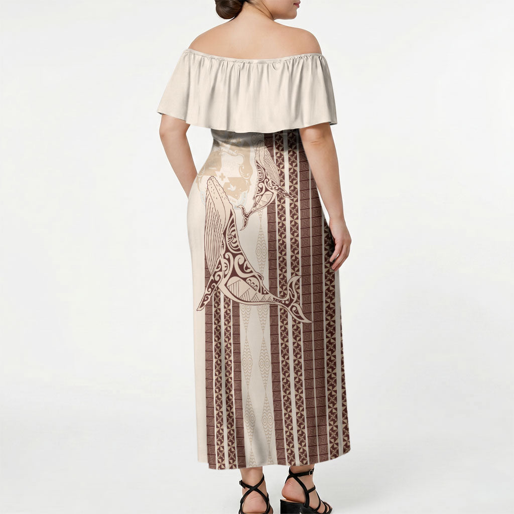 Swimming With Humpback Whales Season Tonga Off Shoulder Maxi Dress Tongan Tofuaa Ngatu Pattern Brown