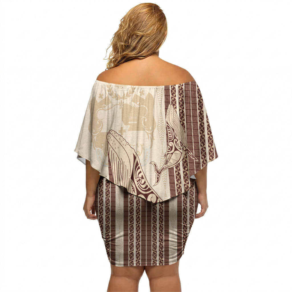 Swimming With Humpback Whales Season Tonga Off Shoulder Short Dress Tongan Tofuaa Ngatu Pattern Brown