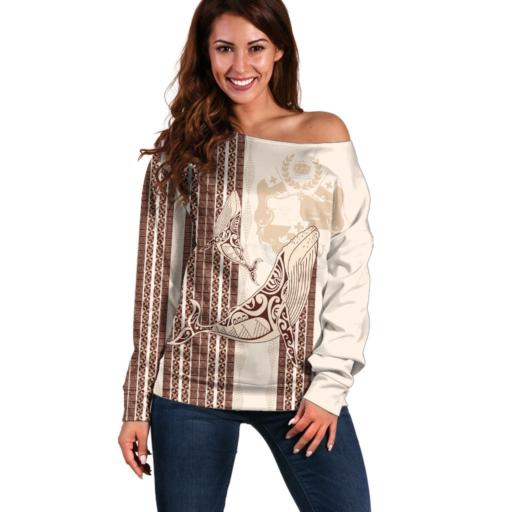 Swimming With Humpback Whales Season Tonga Off Shoulder Sweater Tongan Tofuaa Ngatu Pattern Brown