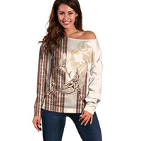 Swimming With Humpback Whales Season Tonga Off Shoulder Sweater Tongan Tofuaa Ngatu Pattern Brown