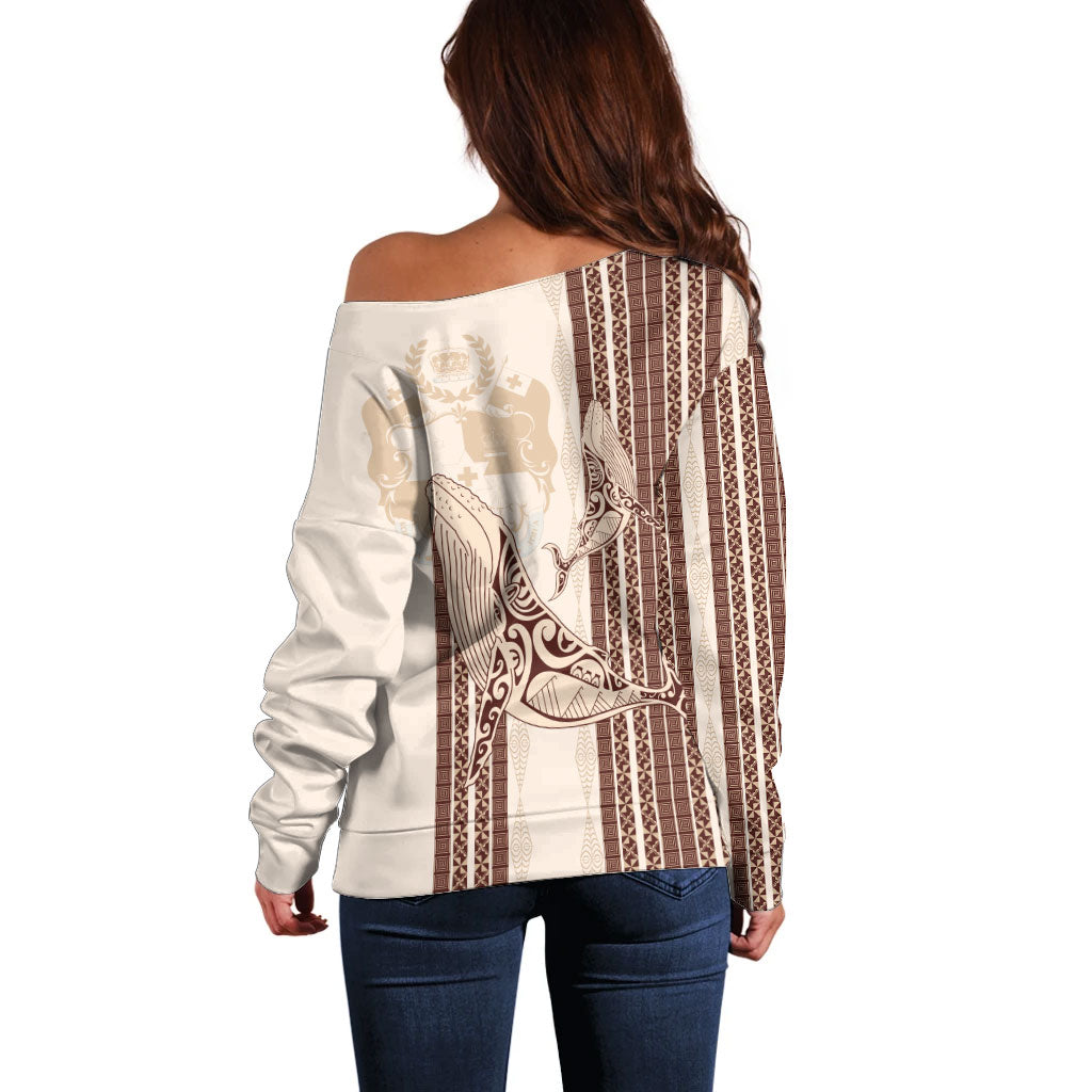 Swimming With Humpback Whales Season Tonga Off Shoulder Sweater Tongan Tofuaa Ngatu Pattern Brown