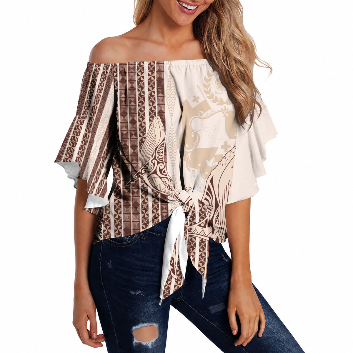 Swimming With Humpback Whales Season Tonga Off Shoulder Wrap Waist Top Tongan Tofuaa Ngatu Pattern Brown