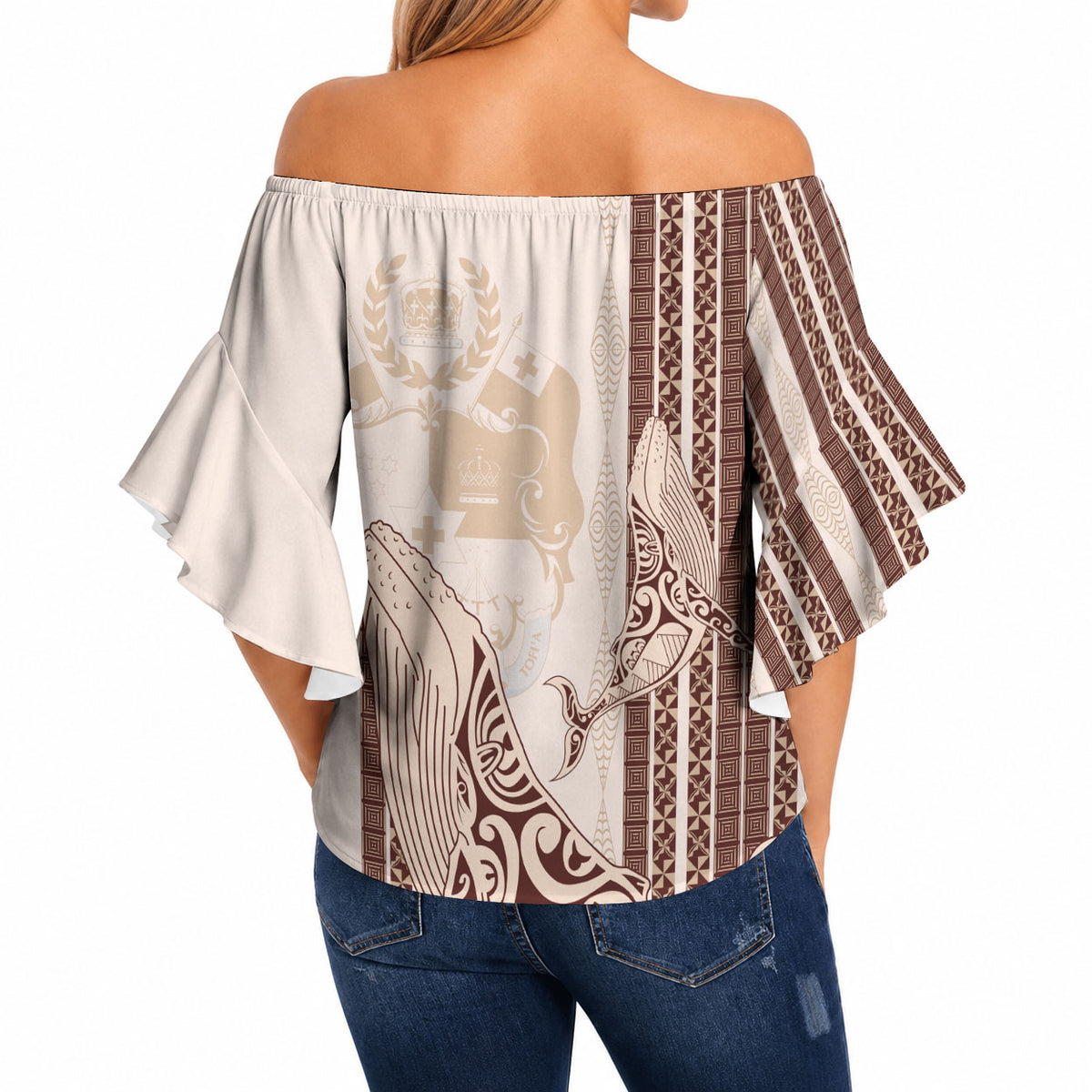 Swimming With Humpback Whales Season Tonga Off Shoulder Wrap Waist Top Tongan Tofuaa Ngatu Pattern Brown