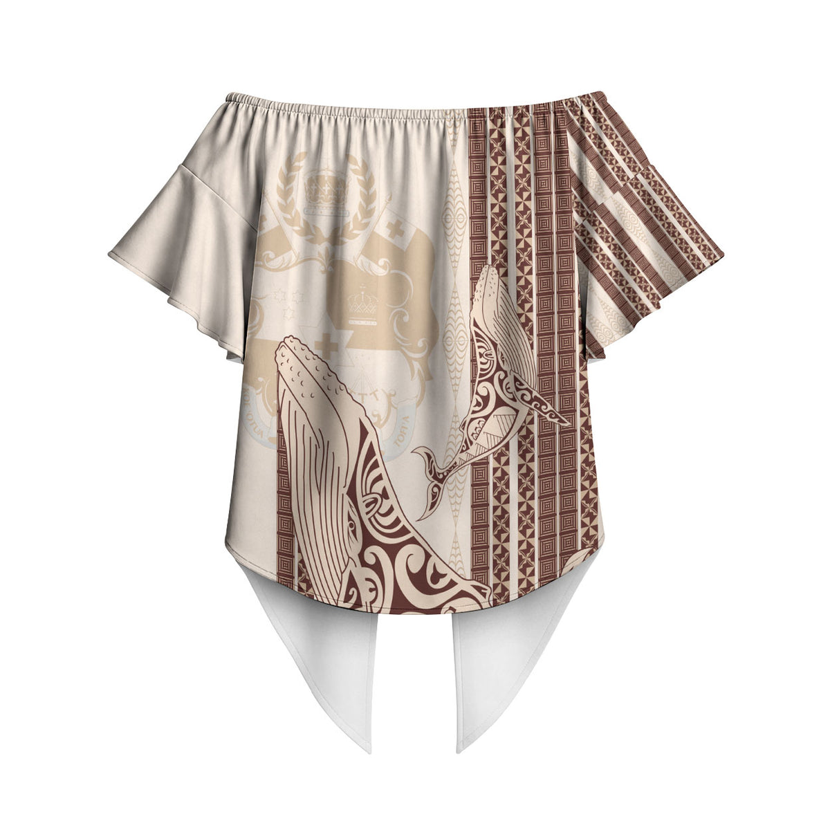 Swimming With Humpback Whales Season Tonga Off Shoulder Wrap Waist Top Tongan Tofuaa Ngatu Pattern Brown