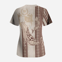 Swimming With Humpback Whales Season Tonga Scrub Top Tongan Tofuaa Ngatu Pattern Brown