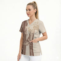 Swimming With Humpback Whales Season Tonga Scrub Top Tongan Tofuaa Ngatu Pattern Brown