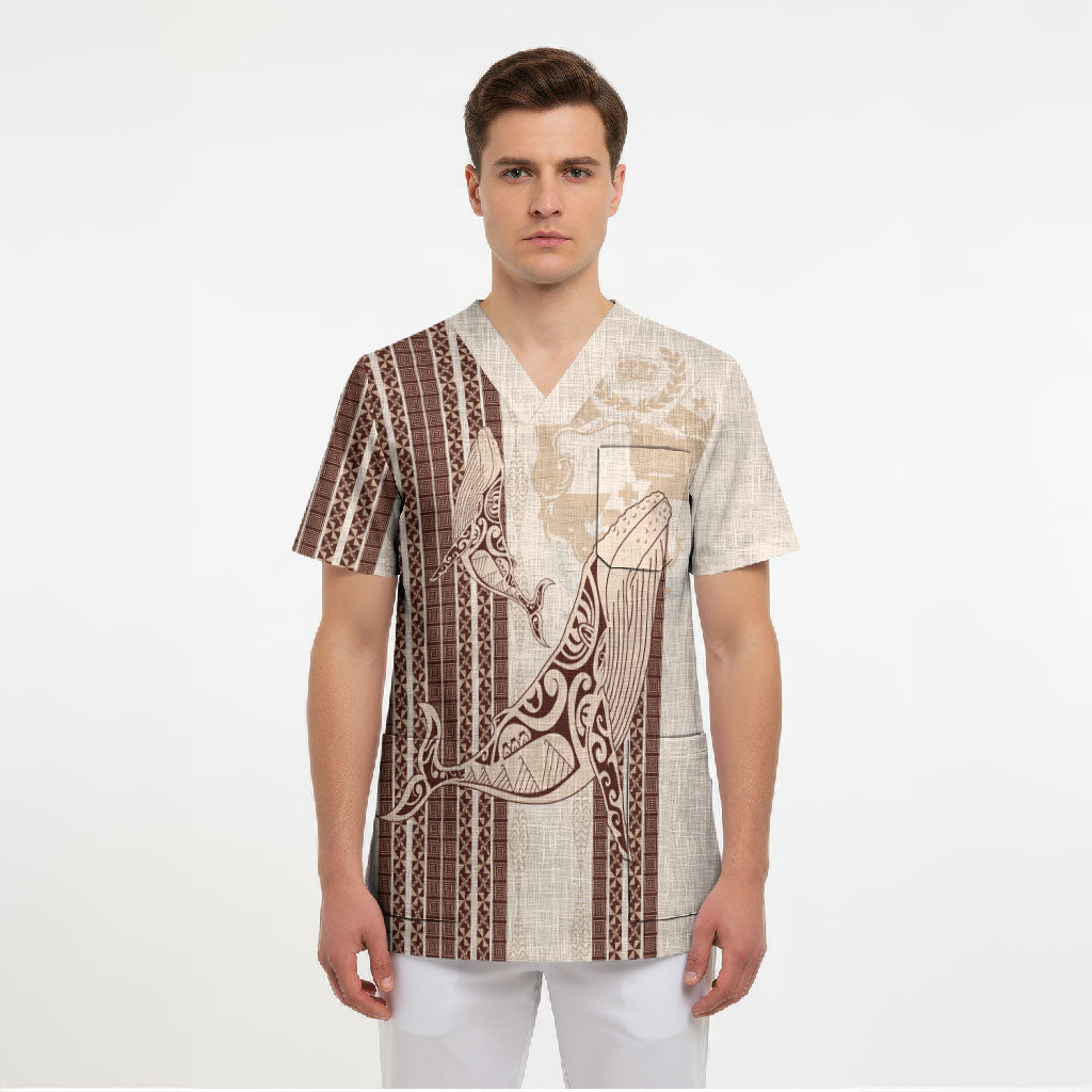 Swimming With Humpback Whales Season Tonga Scrub Top Tongan Tofuaa Ngatu Pattern Brown
