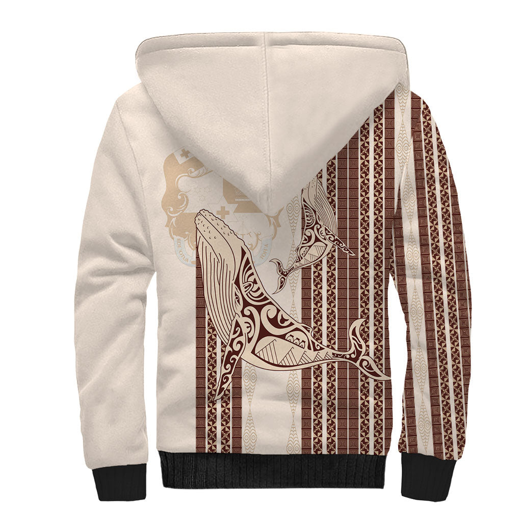 Swimming With Humpback Whales Season Tonga Sherpa Hoodie Tongan Tofuaa Ngatu Pattern Brown