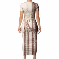 Swimming With Humpback Whales Season Tonga Short Sleeve Bodycon Dress Tongan Tofuaa Ngatu Pattern Brown