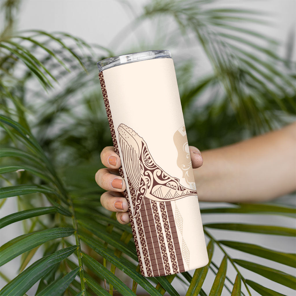Swimming With Humpback Whales Season Tonga Skinny Tumbler Tongan Tofuaa Ngatu Pattern Brown
