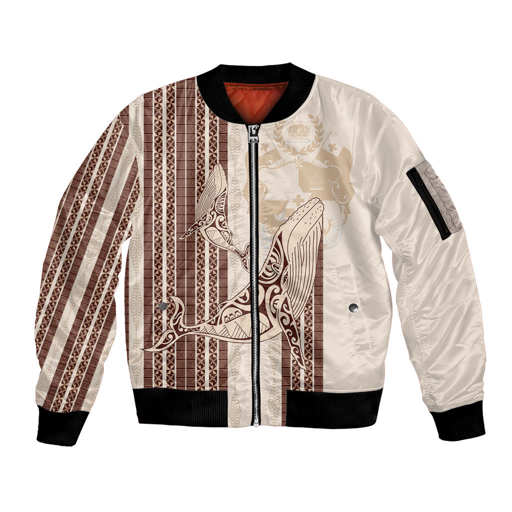 Swimming With Humpback Whales Season Tonga Sleeve Zip Bomber Jacket Tongan Tofuaa Ngatu Pattern Brown