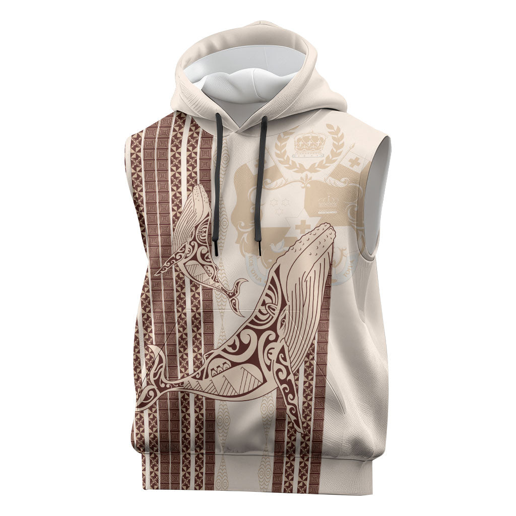 Swimming With Humpback Whales Season Tonga Sleeveless Hoodie Tongan Tofuaa Ngatu Pattern Brown