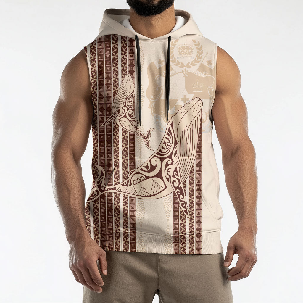 Swimming With Humpback Whales Season Tonga Sleeveless Hoodie Tongan Tofuaa Ngatu Pattern Brown