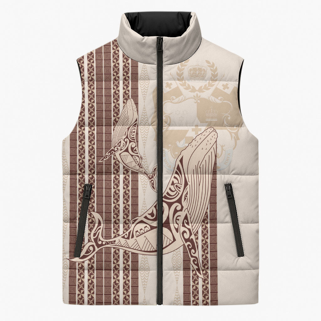 Swimming With Humpback Whales Season Tonga Sleeveless Puffer Jacket Tongan Tofuaa Ngatu Pattern Brown