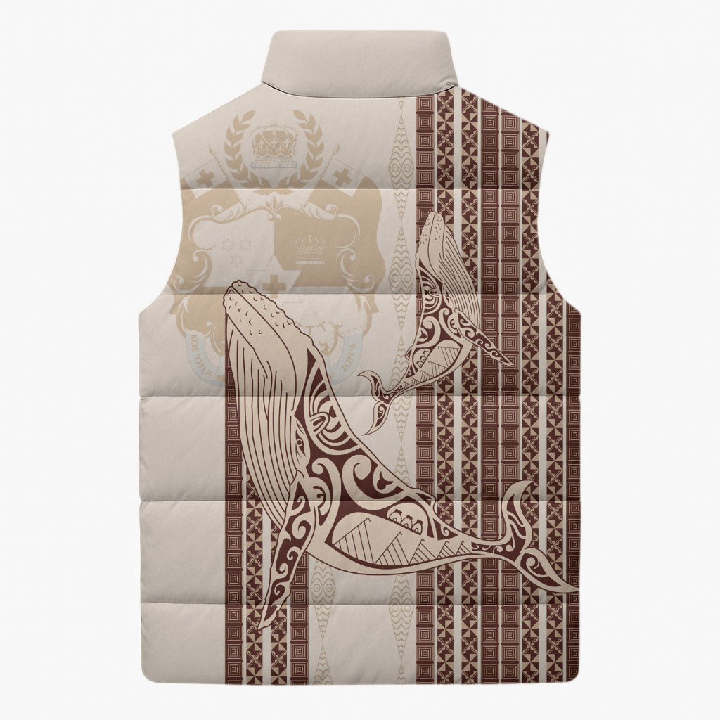 Swimming With Humpback Whales Season Tonga Sleeveless Puffer Jacket Tongan Tofuaa Ngatu Pattern Brown