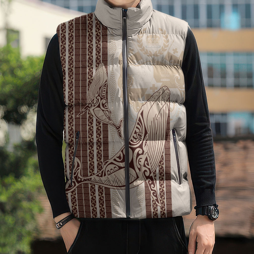 Swimming With Humpback Whales Season Tonga Sleeveless Puffer Jacket Tongan Tofuaa Ngatu Pattern Brown