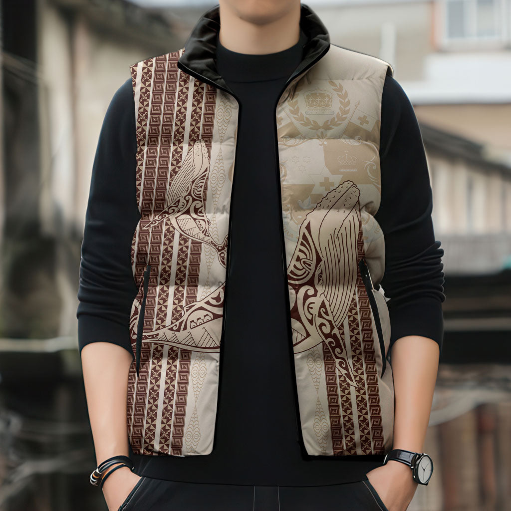 Swimming With Humpback Whales Season Tonga Sleeveless Puffer Jacket Tongan Tofuaa Ngatu Pattern Brown