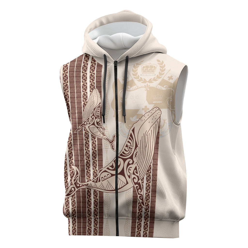 Swimming With Humpback Whales Season Tonga Sleeveless Zip Hoodie Tongan Tofuaa Ngatu Pattern Brown