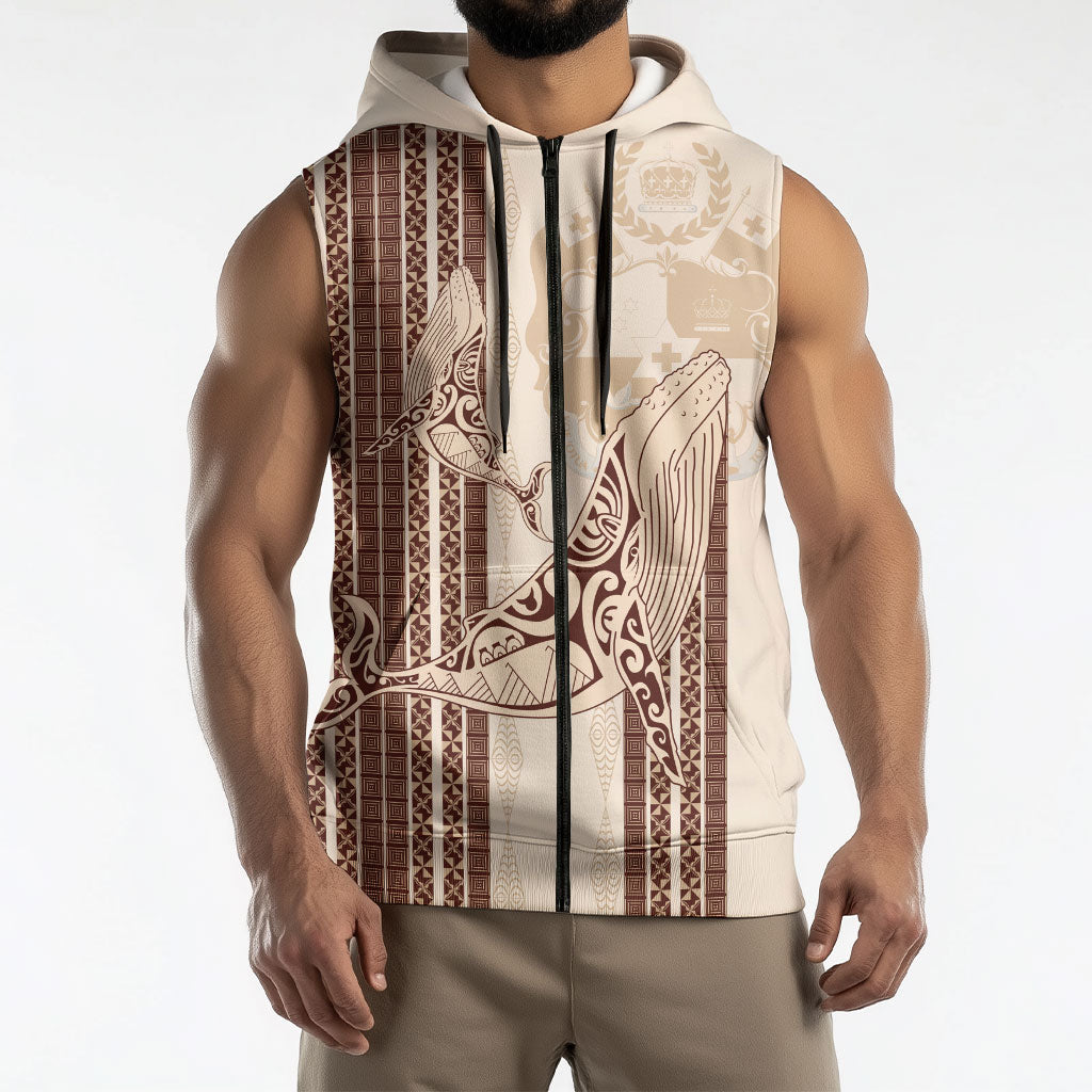 Swimming With Humpback Whales Season Tonga Sleeveless Zip Hoodie Tongan Tofuaa Ngatu Pattern Brown