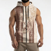 Swimming With Humpback Whales Season Tonga Sleeveless Zip Hoodie Tongan Tofuaa Ngatu Pattern Brown