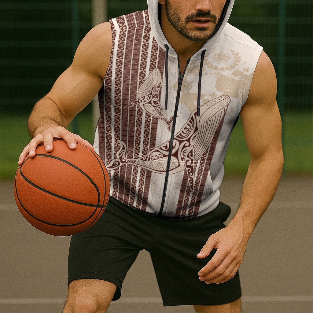 Swimming With Humpback Whales Season Tonga Sleeveless Zip Hoodie Tongan Tofuaa Ngatu Pattern Brown