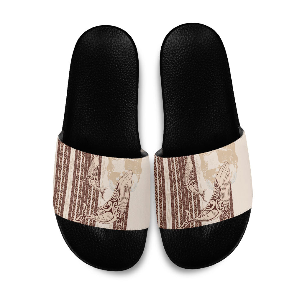 Swimming With Humpback Whales Season Tonga Slide Sandals Tongan Tofuaa Ngatu Pattern Brown