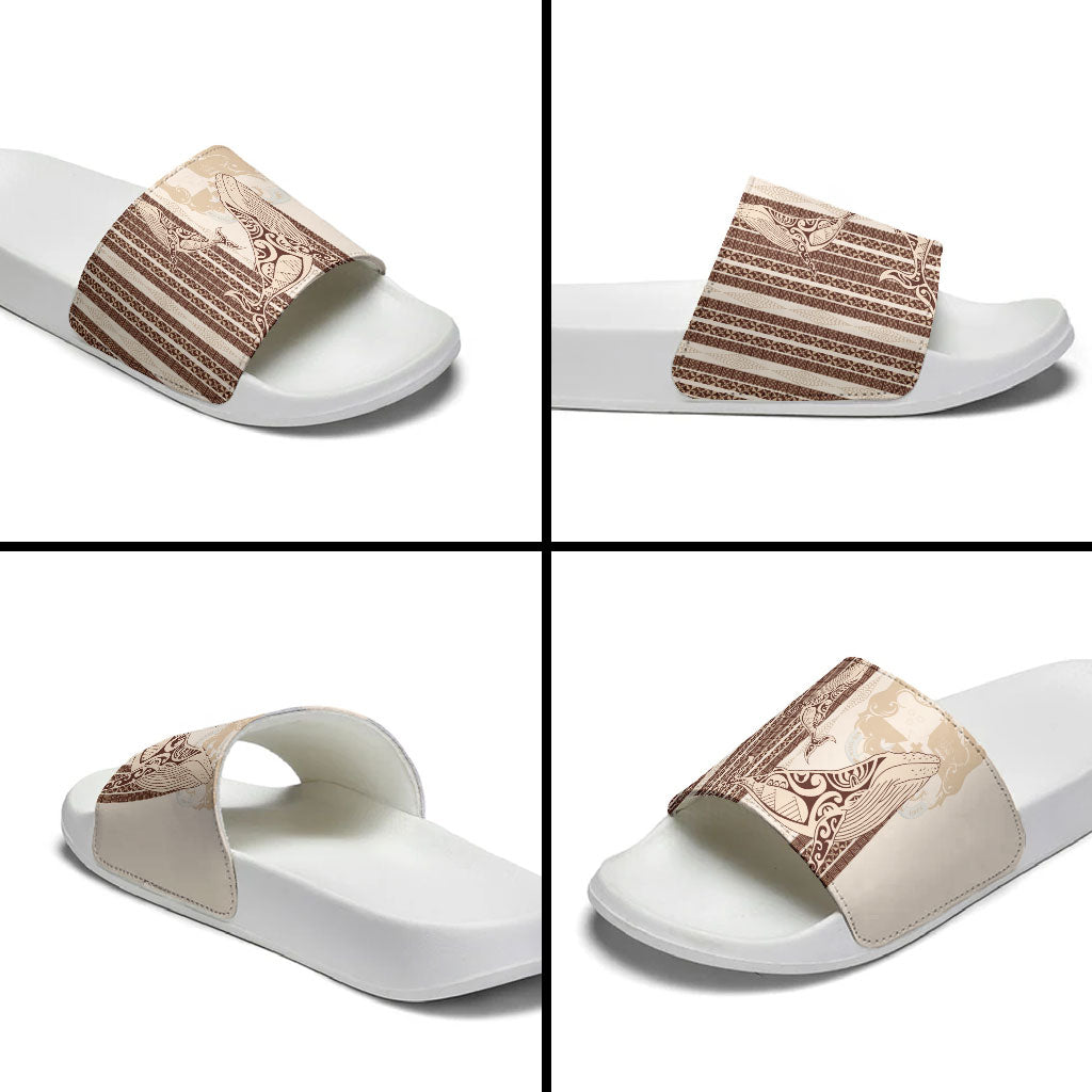 Swimming With Humpback Whales Season Tonga Slide Sandals Tongan Tofuaa Ngatu Pattern Brown