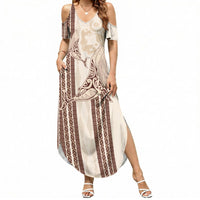 Swimming With Humpback Whales Season Tonga Summer Maxi Dress Tongan Tofuaa Ngatu Pattern Brown