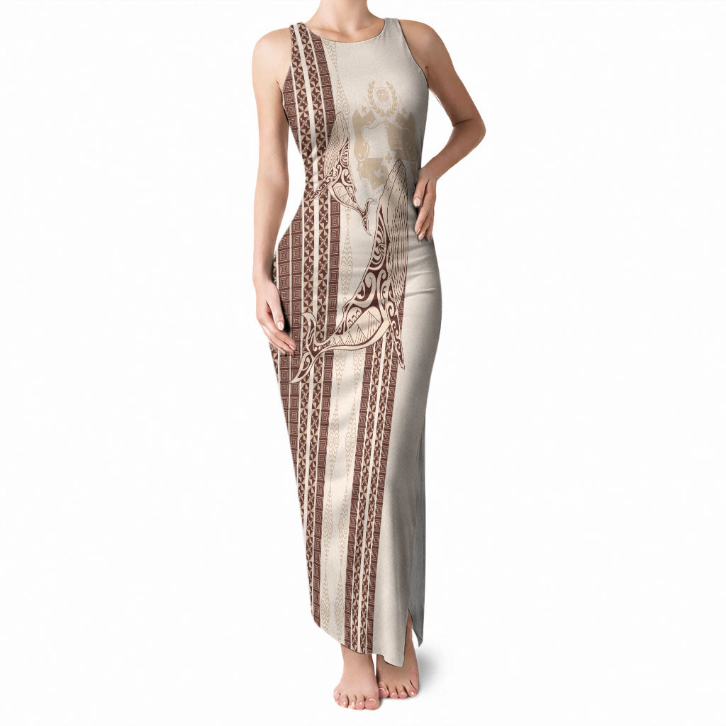 Swimming With Humpback Whales Season Tonga Tank Maxi Dress Tongan Tofuaa Ngatu Pattern Brown