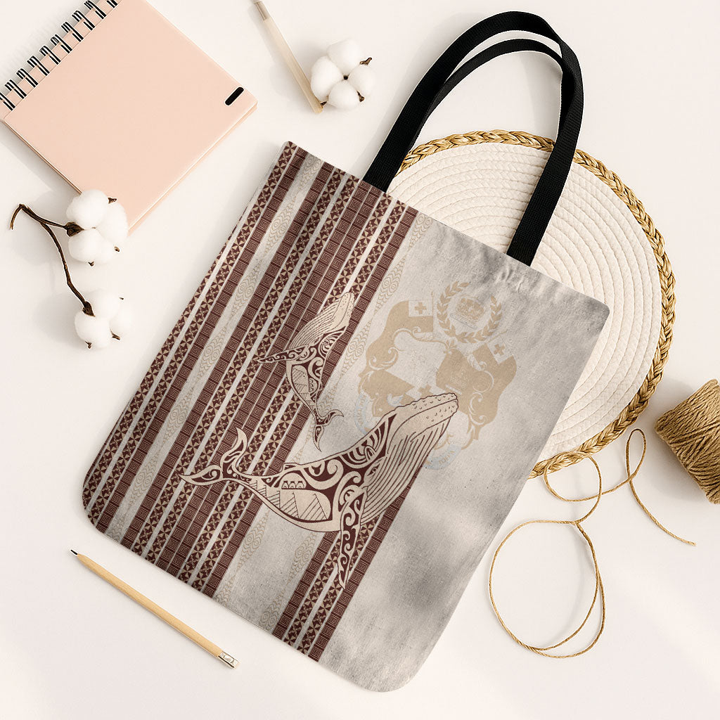 Swimming With Humpback Whales Season Tonga Tote Bag Tongan Tofuaa Ngatu Pattern Brown