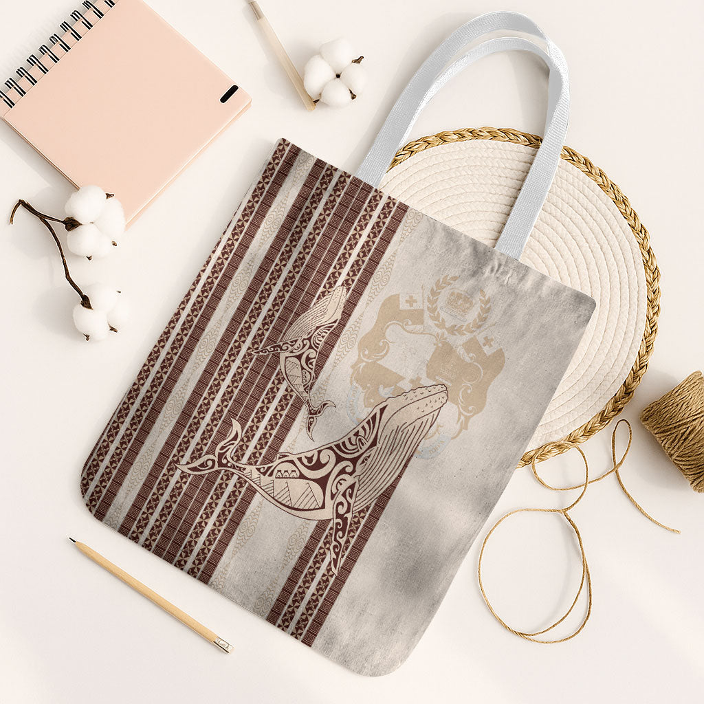 Swimming With Humpback Whales Season Tonga Tote Bag Tongan Tofuaa Ngatu Pattern Brown