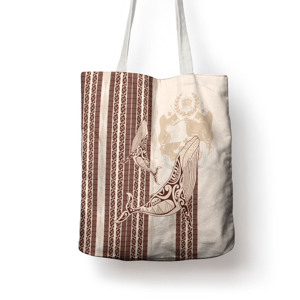 Swimming With Humpback Whales Season Tonga Tote Bag Tongan Tofuaa Ngatu Pattern Brown