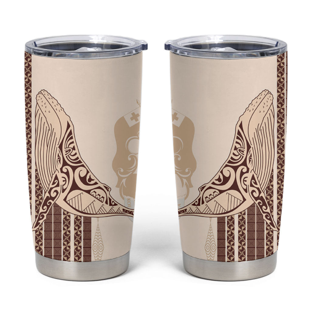 Swimming With Humpback Whales Season Tonga Tumbler Cup Tongan Tofuaa Ngatu Pattern Brown