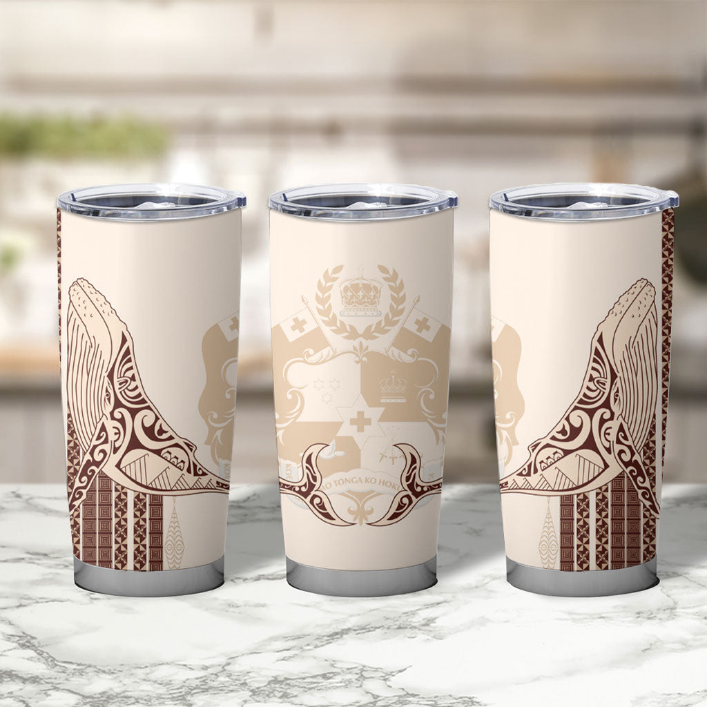 Swimming With Humpback Whales Season Tonga Tumbler Cup Tongan Tofuaa Ngatu Pattern Brown