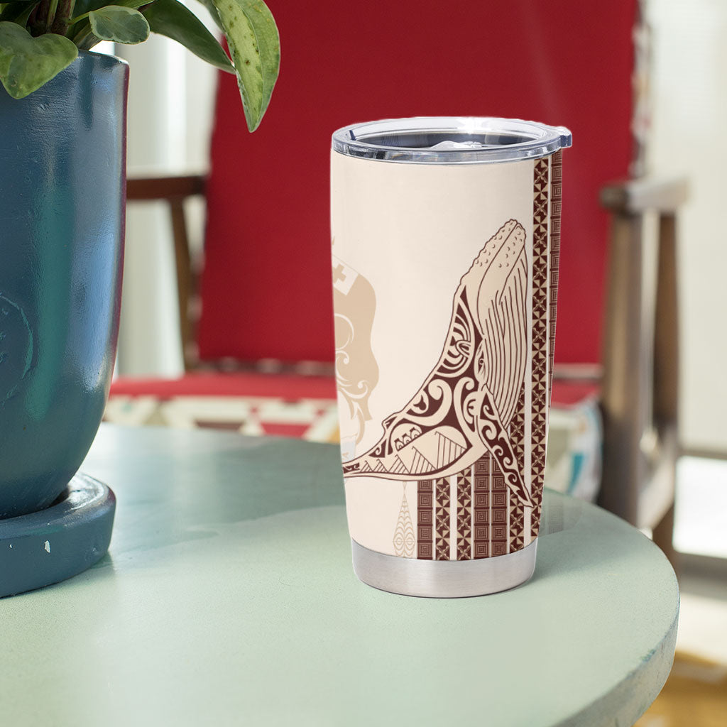 Swimming With Humpback Whales Season Tonga Tumbler Cup Tongan Tofuaa Ngatu Pattern Brown