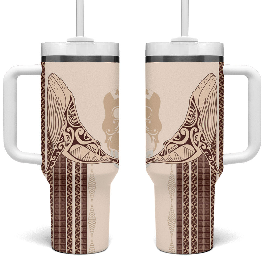 Swimming With Humpback Whales Season Tonga Tumbler With Handle Tongan Tofuaa Ngatu Pattern Brown