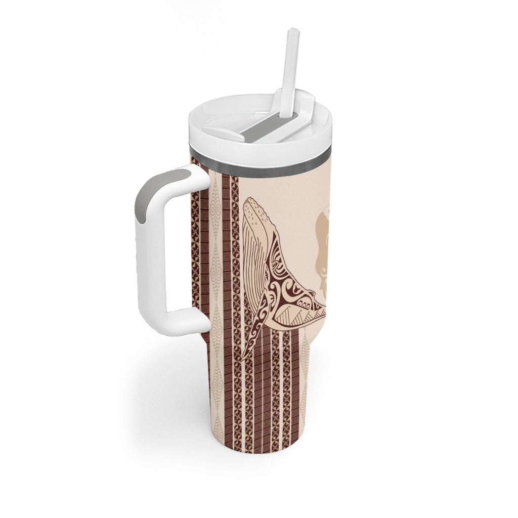 Swimming With Humpback Whales Season Tonga Tumbler With Handle Tongan Tofuaa Ngatu Pattern Brown