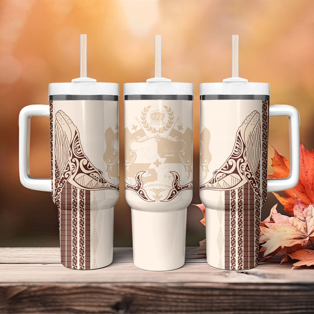 Swimming With Humpback Whales Season Tonga Tumbler With Handle Tongan Tofuaa Ngatu Pattern Brown