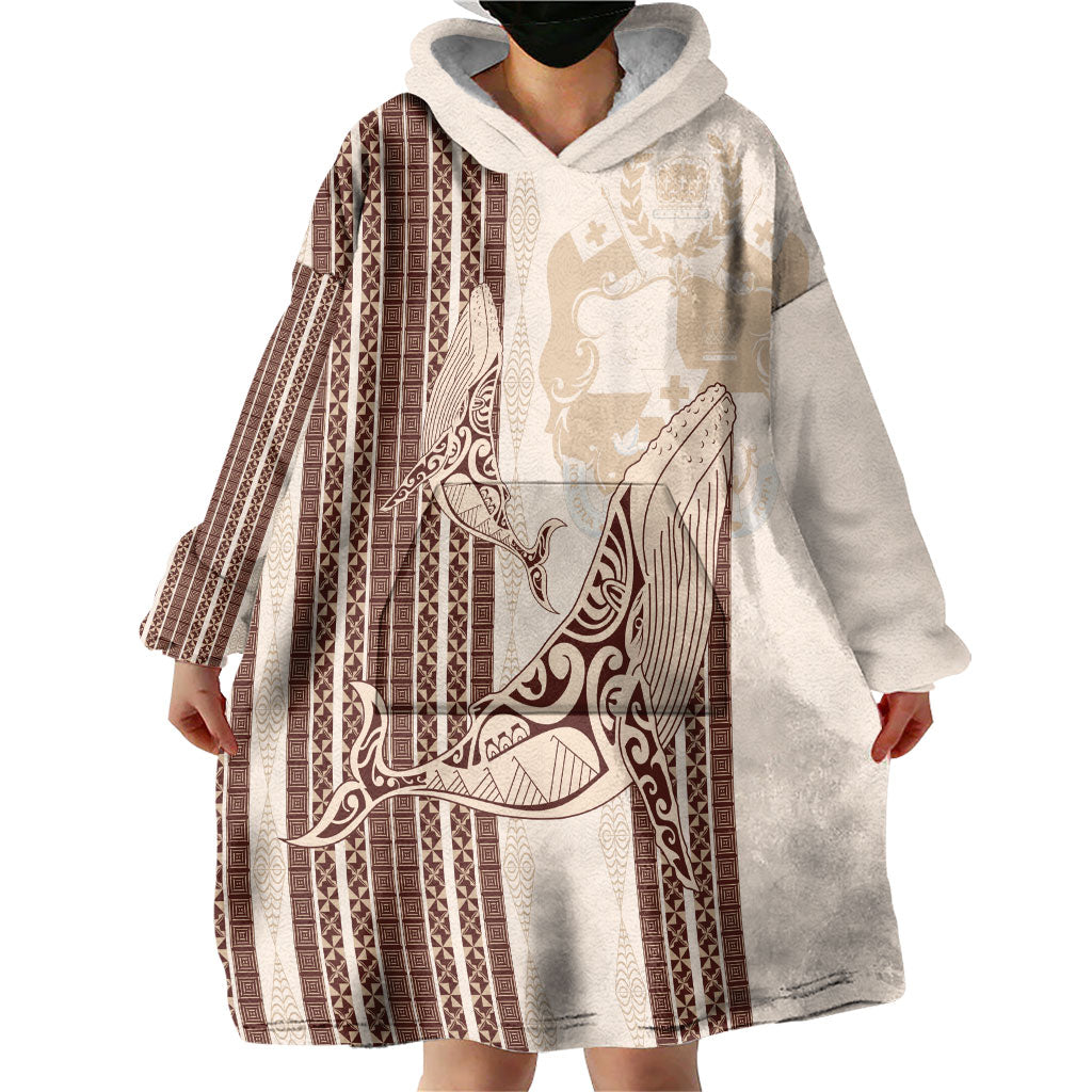 Swimming With Humpback Whales Season Tonga Wearable Blanket Hoodie Tongan Tofuaa Ngatu Pattern Brown