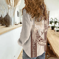 Swimming With Humpback Whales Season Tonga Women Casual Shirt Tongan Tofuaa Ngatu Pattern Brown