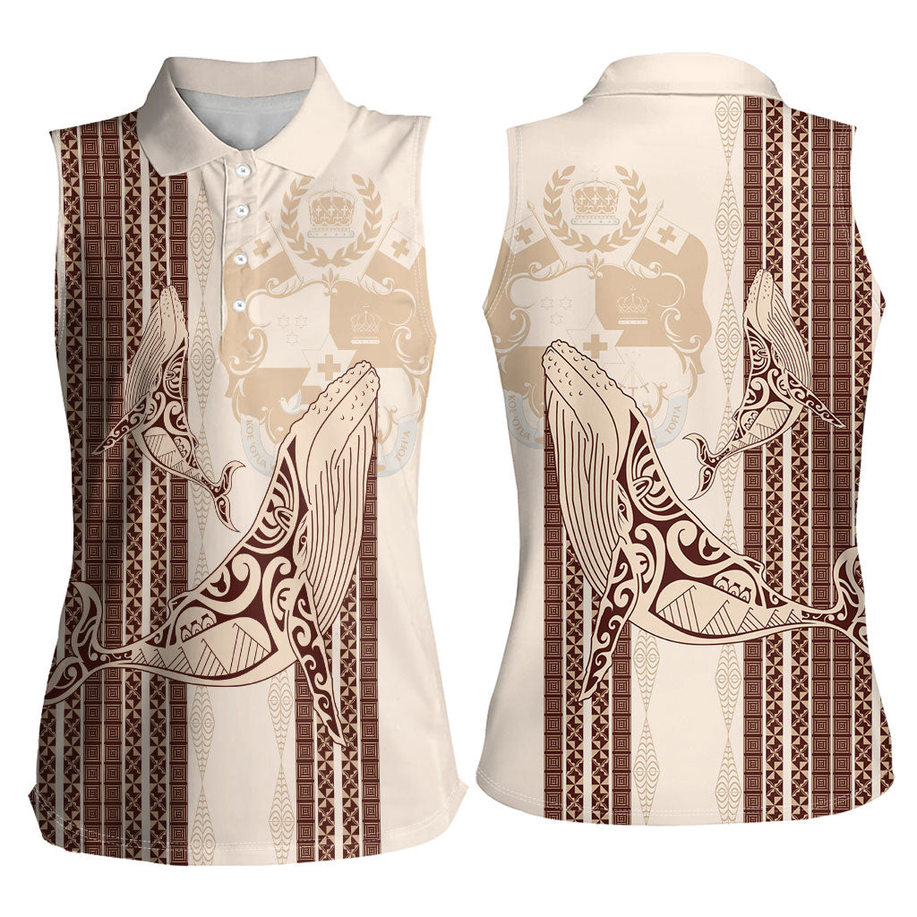 Swimming With Humpback Whales Season Tonga Women Sleeveless Polo Shirt Tongan Tofuaa Ngatu Pattern Brown