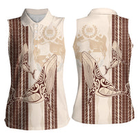 Swimming With Humpback Whales Season Tonga Women Sleeveless Polo Shirt Tongan Tofuaa Ngatu Pattern Brown