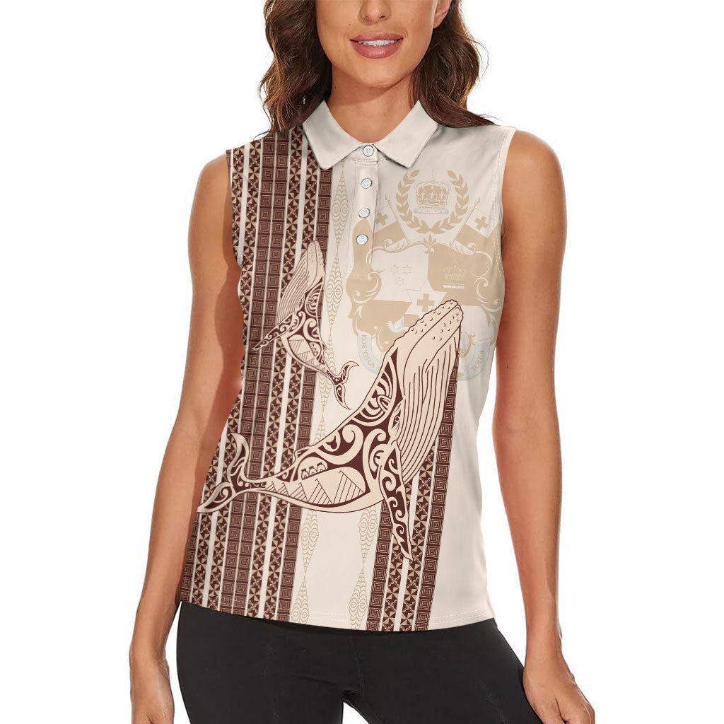 Swimming With Humpback Whales Season Tonga Women Sleeveless Polo Shirt Tongan Tofuaa Ngatu Pattern Brown