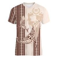 Swimming With Humpback Whales Season Tonga Women V-Neck T-Shirt Tongan Tofuaa Ngatu Pattern Brown
