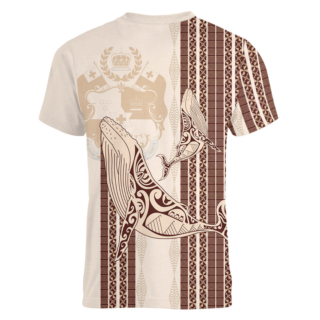 Swimming With Humpback Whales Season Tonga Women V-Neck T-Shirt Tongan Tofuaa Ngatu Pattern Brown