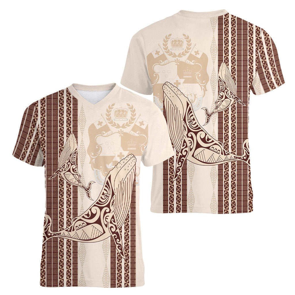 Swimming With Humpback Whales Season Tonga Women V-Neck T-Shirt Tongan Tofuaa Ngatu Pattern Brown